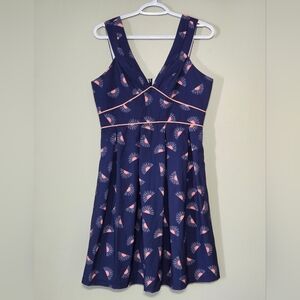 Blue+Pink Celestial V-neck Empire Waist Retro Inspired A Line Dress Sz M
